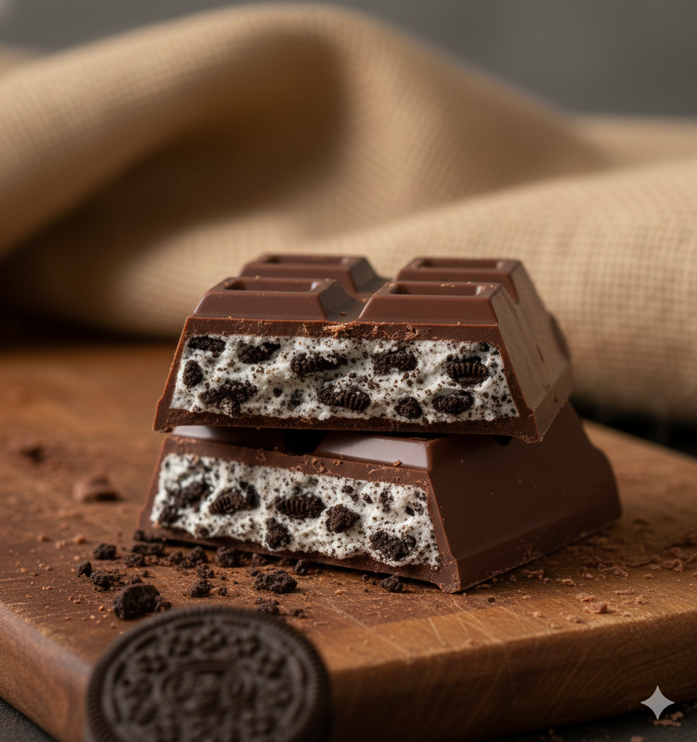 Barras de chocolate recheadas com cookies e cream estilo Oreo